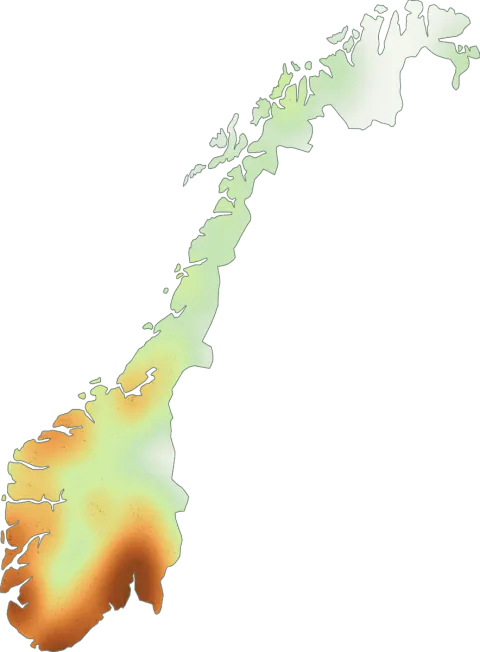 Kart over registrerte observasjoner av besk svovelsopp i Norge.