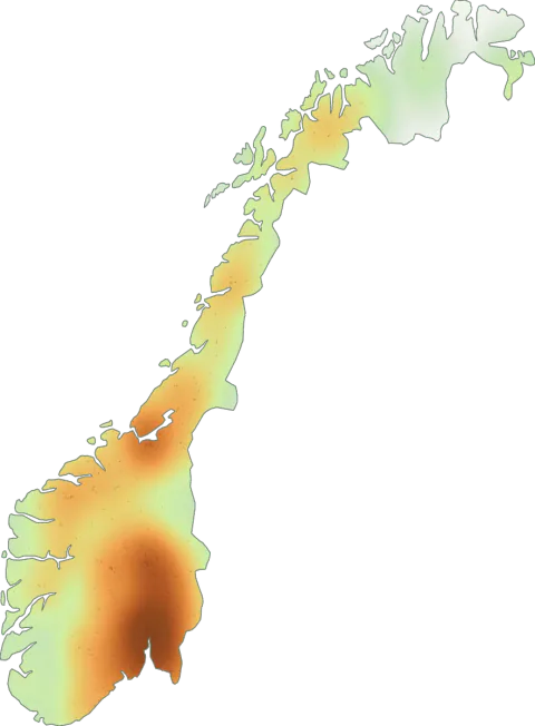 Kart over registrerte observasjoner av bispelue i Norge.