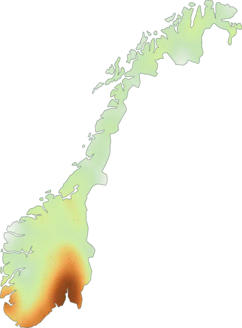 Kart over registrerte observasjoner av blågrå østerssopp i Norge.