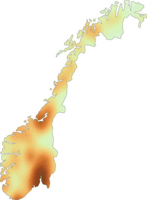 Kart over registrerte observasjoner av blodsjampinjong-gruppen i Norge.