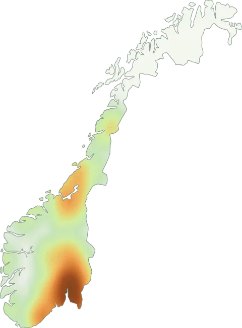 Kart over registrerte observasjoner av gullmosehatt i Norge.