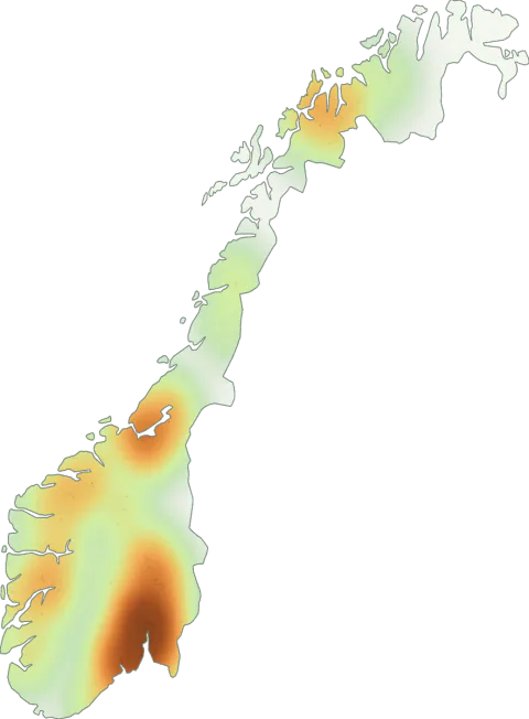 Kart over registrerte observasjoner av heggetraktsopp i Norge.