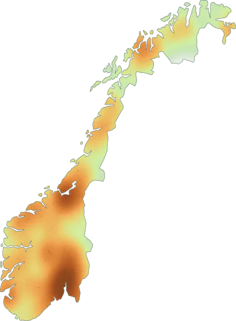 Kart over registrerte observasjoner av hvit knippesopp i Norge.