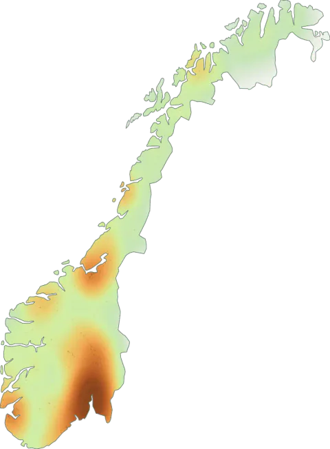 Kart over registrerte observasjoner av hvit sprøsopp i Norge.