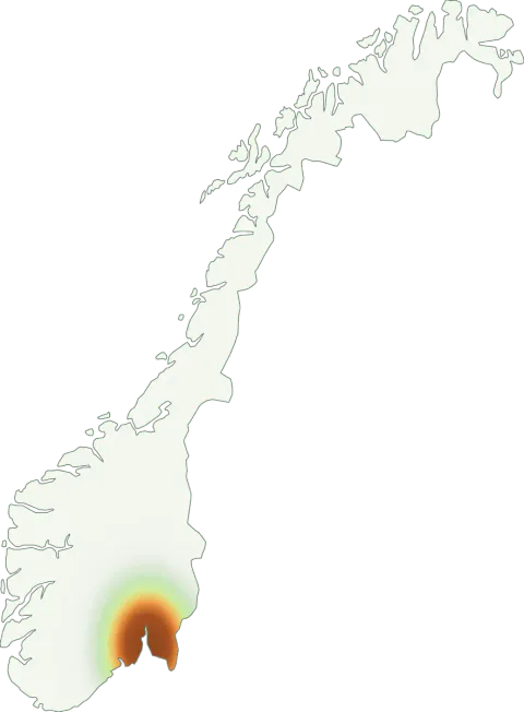 Kart over registrerte observasjoner av kjøttbrun parasollsopp i Norge.