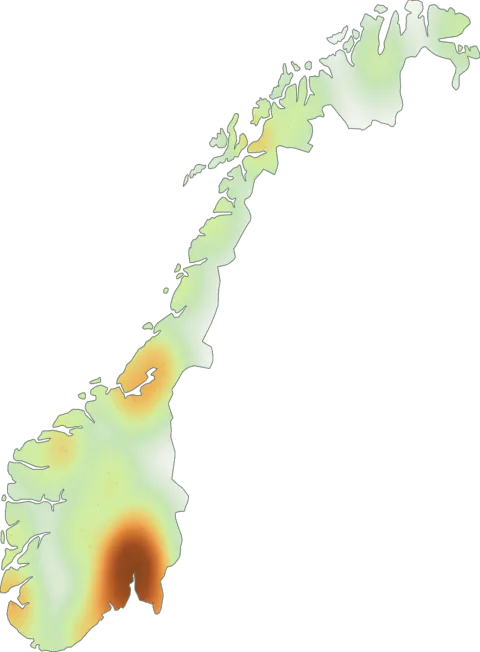 Kart over registrerte observasjoner av kongesjampinjong i Norge.