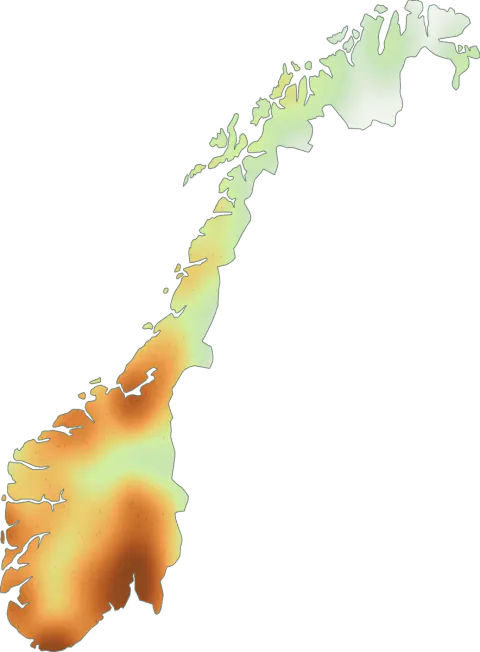 Kart over registrerte observasjoner av oransjebeger i Norge.