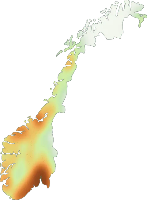 Kart over registrerte observasjoner av ospeskrubb i Norge.