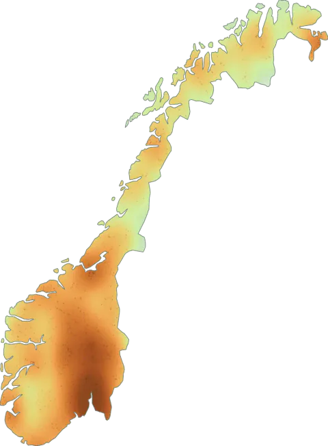 Kart over registrerte observasjoner av rødbrun pepperriske i Norge.