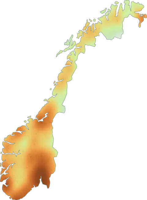 Kart over registrerte observasjoner av rødkremle i Norge.