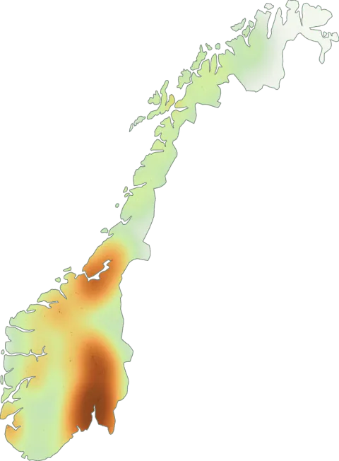 Kart over registrerte observasjoner av rødnende parasollsopp i Norge.