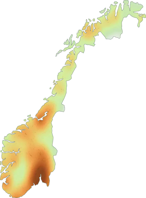 Kart over registrerte observasjoner av skjermsopp i Norge.