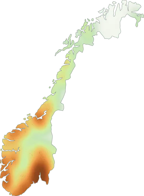 Kart over registrerte observasjoner av slimmorkel i Norge.