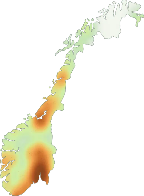 Kart over registrerte observasjoner av sotriske i Norge.