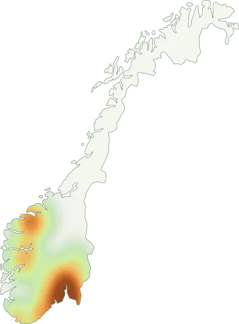 Kart over registrerte observasjoner av stor parasollsopp i Norge.