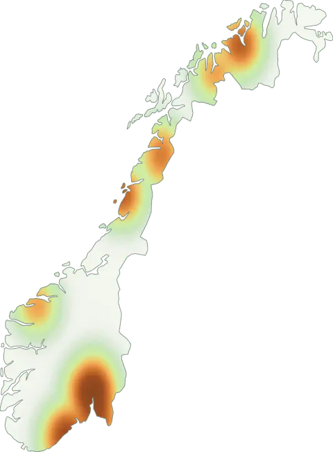 Kart over registrerte observasjoner av vårtrevlesopp i Norge.