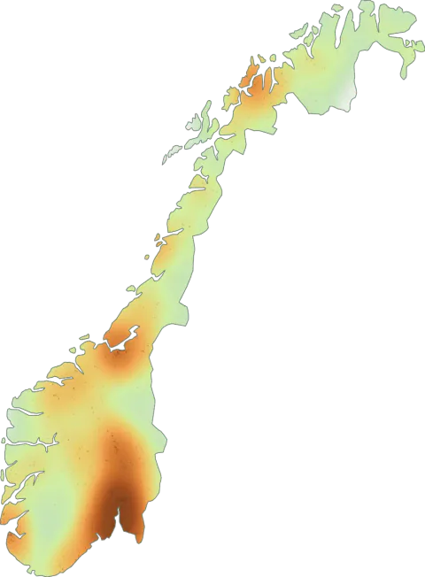 Kart over registrerte observasjoner av vintersopper i Norge.
